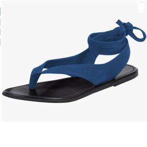 FOWT Blue Split Round Toe Sandals Lace up Strappy Flats Soft Flip Flop Shoes